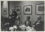 Myres McDougal (far right) at luncheon in faculty dining room at 47 Worth St. (ca. early 1980s). Father Robert Drinan, former member of the U.S. House of Representatives (D. MA) at the podium. by New York Law School